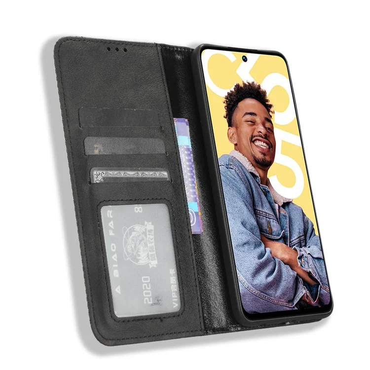 Para Realme C55 / Narzo N55 4G Retro Magnetic Absorption Flip Stand Cover PU Leather Wallet Phone Case - Preto
