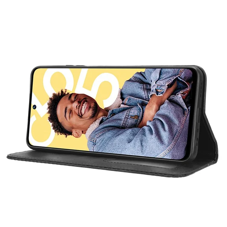 Para Realme C55 / Narzo N55 4G Retro Magnetic Absorption Flip Stand Cover PU Leather Wallet Phone Case - Preto