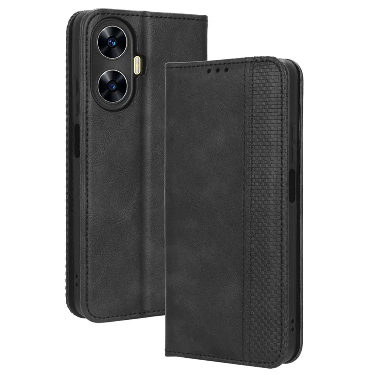 Para Realme C55 / Narzo N55 4G Retro Magnetic Absorption Flip Stand Cover PU Leather Wallet Phone Case - Preto