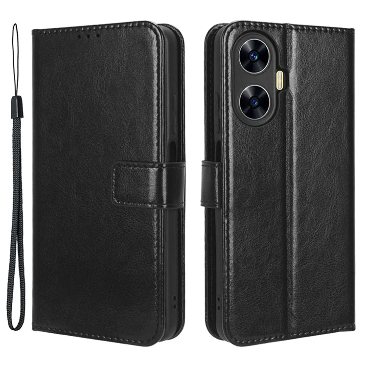 For Realme C55 4G / Narzo N55 4G Leather Protective Phone Case Crazy Horse Texture Cellphone Cover with Stand Wallet - Black