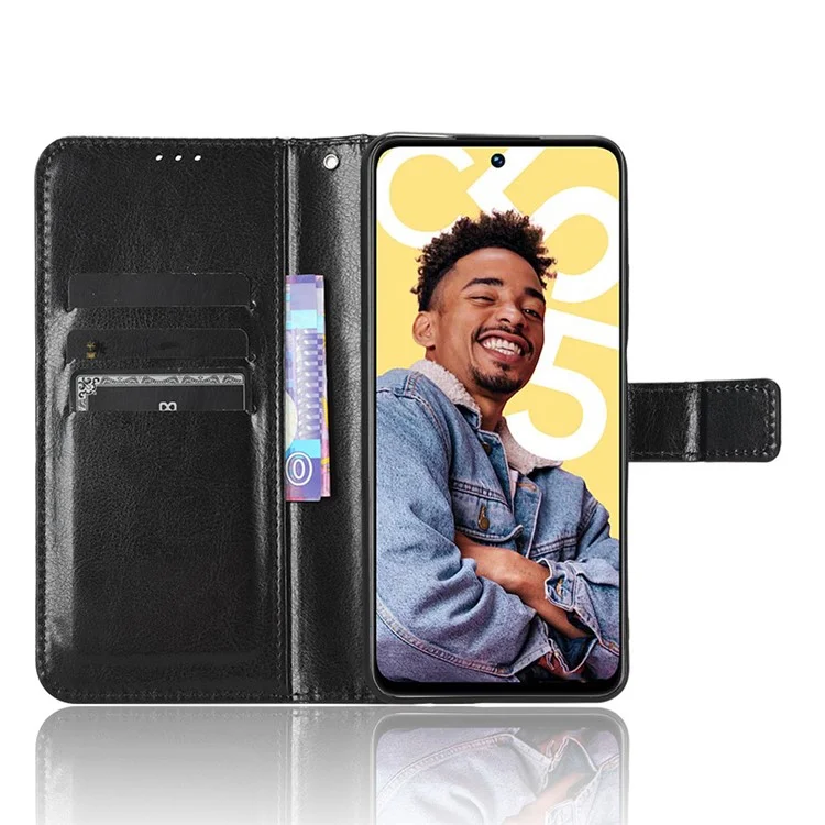 For Realme C55 4G / Narzo N55 4G Leather Protective Phone Case Crazy Horse Texture Cellphone Cover with Stand Wallet - Black