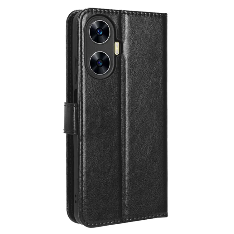 For Realme C55 4G / Narzo N55 4G Leather Protective Phone Case Crazy Horse Texture Cellphone Cover with Stand Wallet - Black