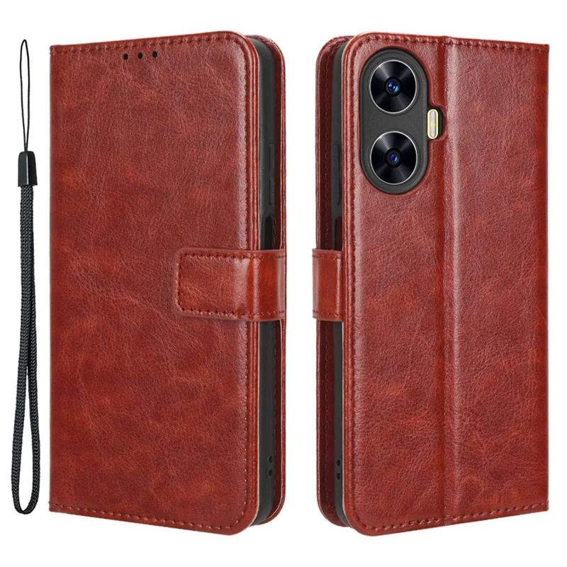 For Realme C55 4G / Narzo N55 4G Leather Protective Phone Case Crazy Horse Texture Cellphone Cover with Stand Wallet - Brown