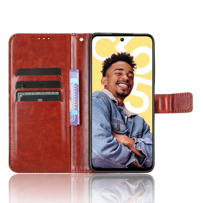 For Realme C55 4G / Narzo N55 4G Leather Protective Phone Case Crazy Horse Texture Cellphone Cover with Stand Wallet - Brown