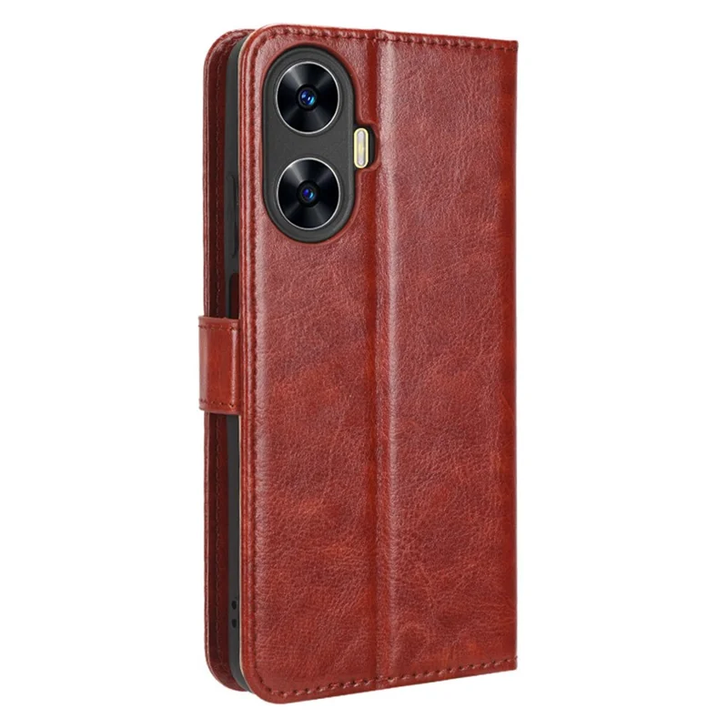For Realme C55 4G / Narzo N55 4G Leather Protective Phone Case Crazy Horse Texture Cellphone Cover with Stand Wallet - Brown