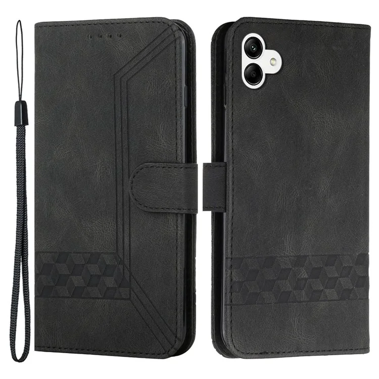 For Samsung Galaxy A04 4G (164.4mm) / A04e 4G Phone Case with Strap Imprint PU Leather Wallet Stand Cover - Black