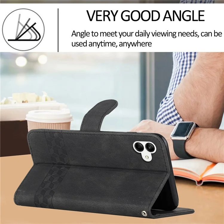 For Samsung Galaxy A04 4G (164.4mm) / A04e 4G Phone Case with Strap Imprint PU Leather Wallet Stand Cover - Black