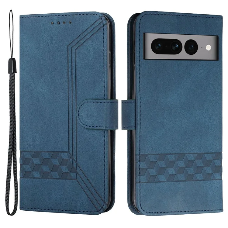 For Google Pixel 7 Pro 5G Phone Case with Strap Imprint PU Leather Wallet Stand Cover - Sapphire