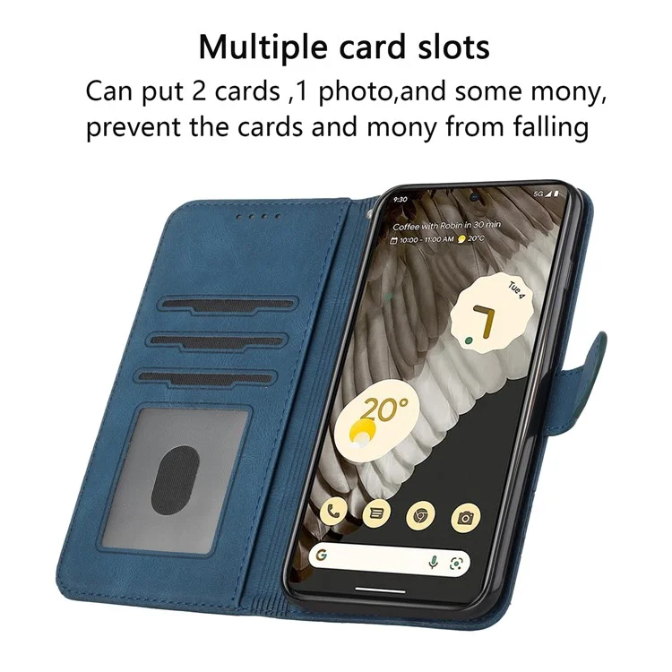 For Google Pixel 7 Pro 5G Phone Case with Strap Imprint PU Leather Wallet Stand Cover - Sapphire