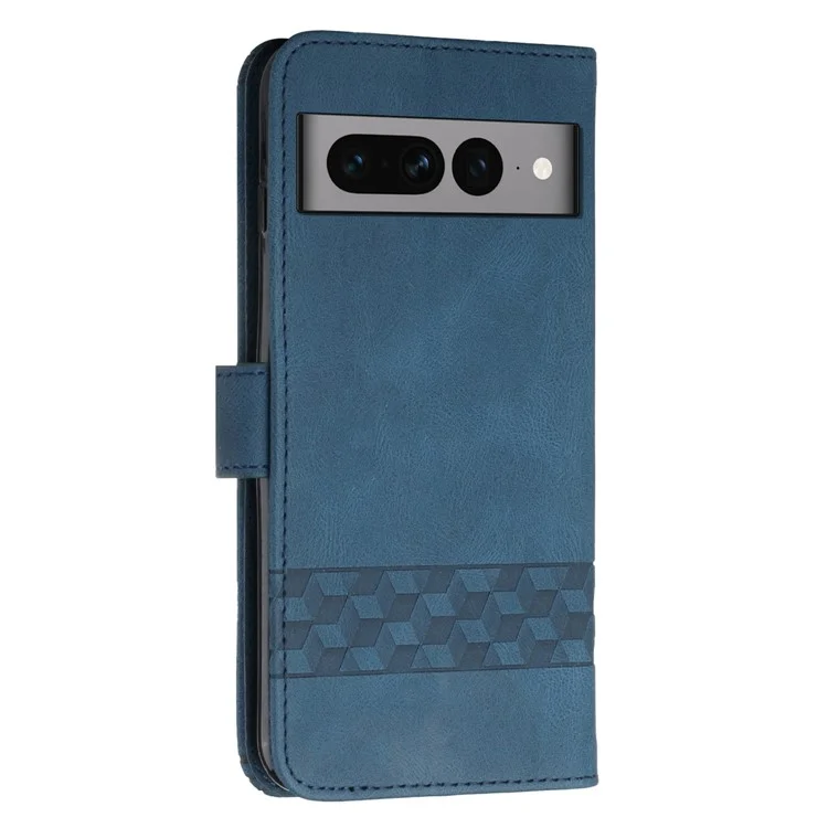 For Google Pixel 7 Pro 5G Phone Case with Strap Imprint PU Leather Wallet Stand Cover - Sapphire