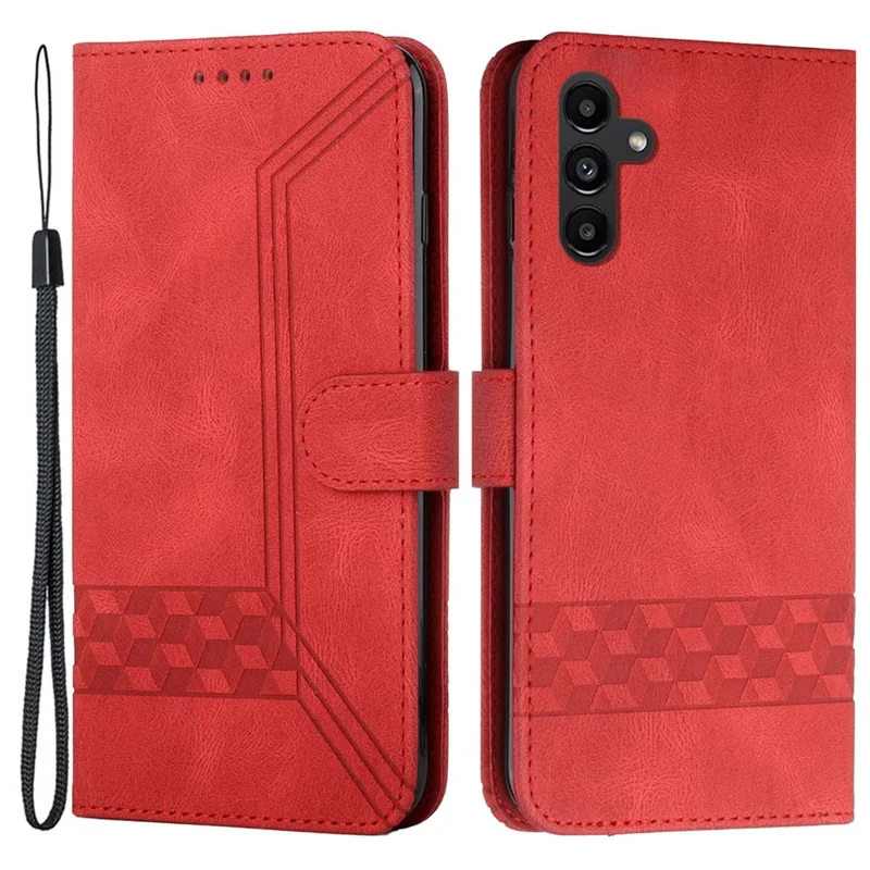 For Samsung Galaxy A14 5G / 4G Phone Case with Strap Imprint PU Leather Wallet Stand Cover - Red