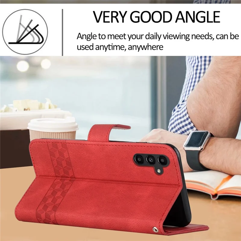 For Samsung Galaxy A14 5G / 4G Phone Case with Strap Imprint PU Leather Wallet Stand Cover - Red