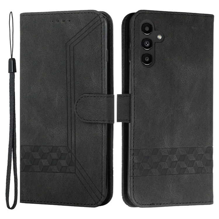 For Samsung Galaxy A34 5G Phone Case with Strap Imprint PU Leather Wallet Stand Cover - Black