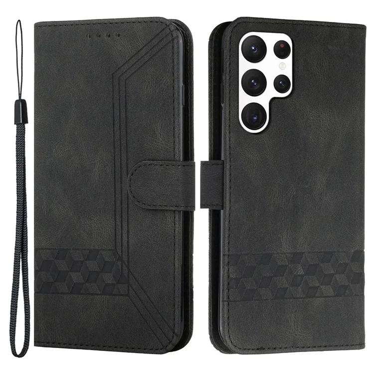 For Samsung Galaxy S23 Ultra Phone Case with Strap Imprint PU Leather Wallet Stand Cover - Black