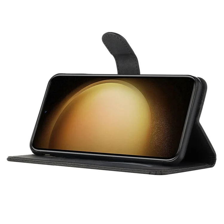 For Samsung Galaxy S23 Ultra Phone Case with Strap Imprint PU Leather Wallet Stand Cover - Black