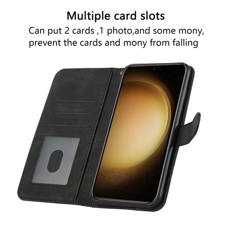 For Samsung Galaxy S23 Ultra Phone Case with Strap Imprint PU Leather Wallet Stand Cover - Black