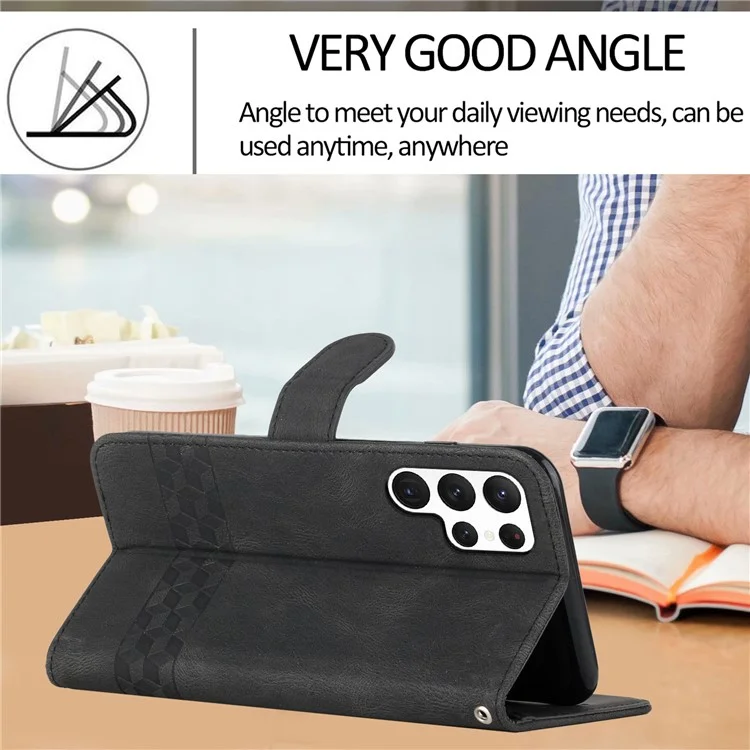 For Samsung Galaxy S23 Ultra Phone Case with Strap Imprint PU Leather Wallet Stand Cover - Black