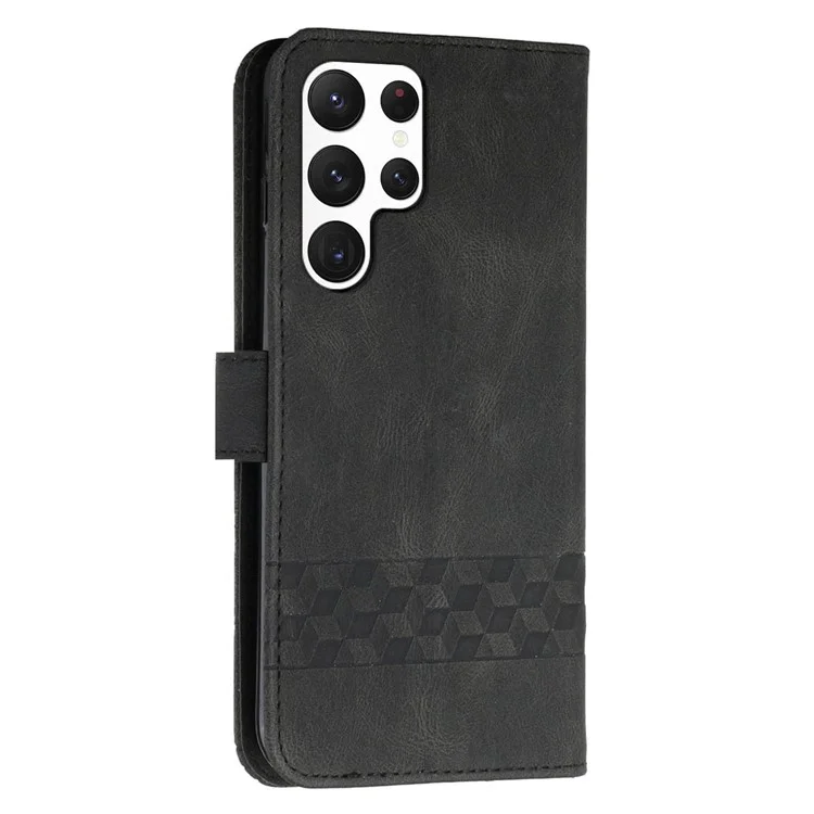 For Samsung Galaxy S23 Ultra Phone Case with Strap Imprint PU Leather Wallet Stand Cover - Black