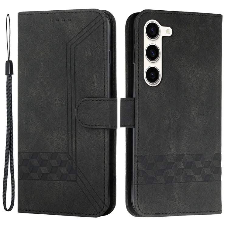 For Samsung Galaxy S23+ Phone Case with Strap Imprint PU Leather Wallet Stand Cover - Black
