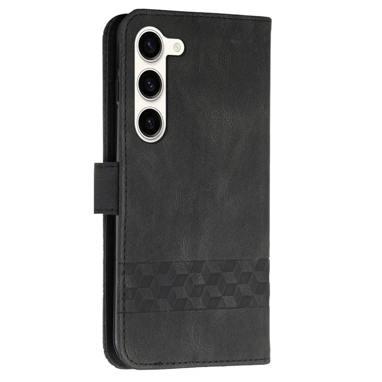 For Samsung Galaxy S23+ Phone Case with Strap Imprint PU Leather Wallet Stand Cover - Black