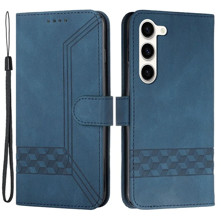 For Samsung Galaxy S23 Phone Case with Strap Imprint PU Leather Wallet Stand Cover - Sapphire