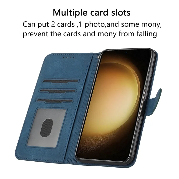 For Samsung Galaxy S23 Phone Case with Strap Imprint PU Leather Wallet Stand Cover - Sapphire