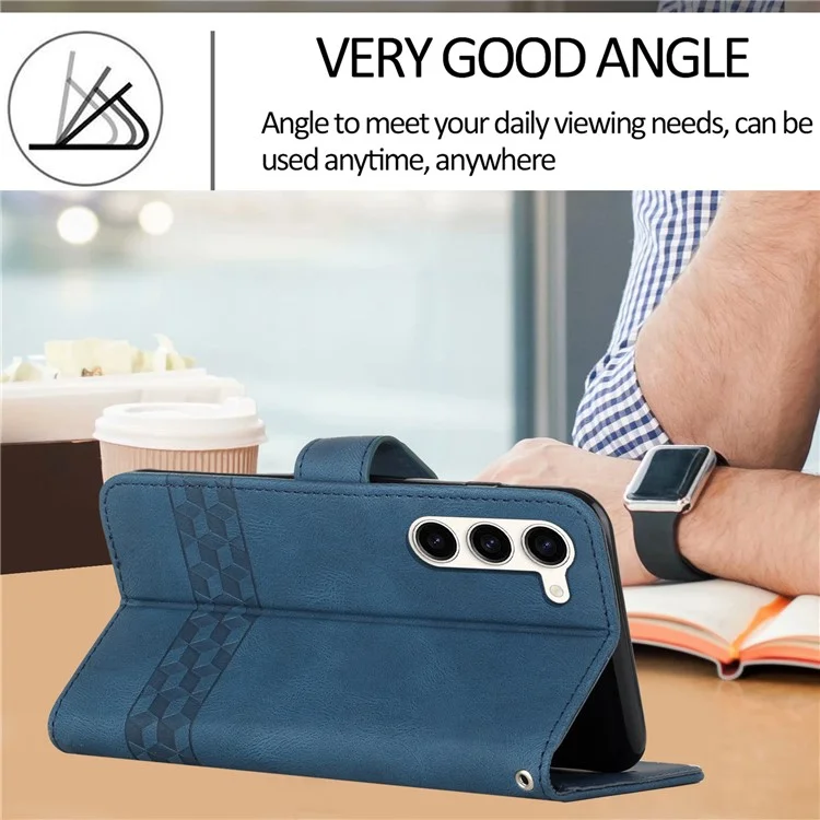 For Samsung Galaxy S23 Phone Case with Strap Imprint PU Leather Wallet Stand Cover - Sapphire