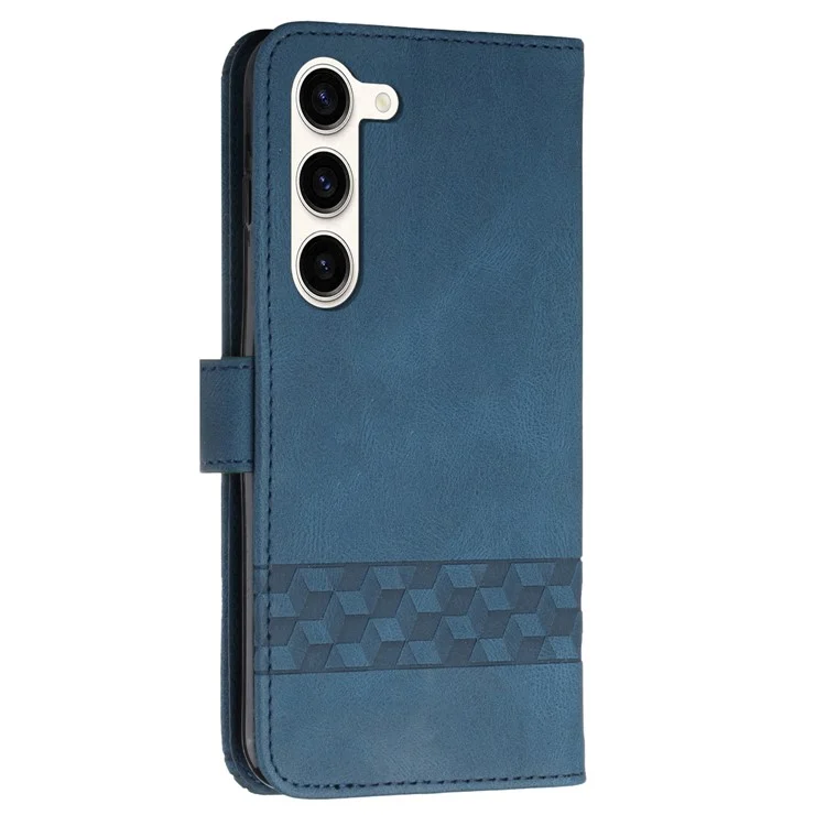 For Samsung Galaxy S23 Phone Case with Strap Imprint PU Leather Wallet Stand Cover - Sapphire