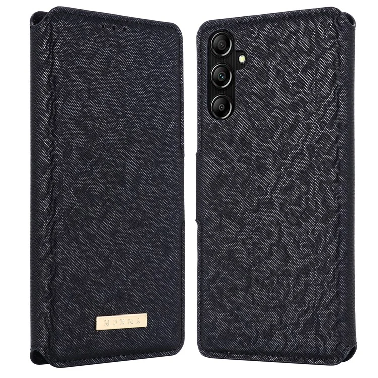 MUXMA MX115 for Samsung Galaxy A14 4G / 5G PU Leather Cross Texture Case Phone Stand Wallet Cover - Black