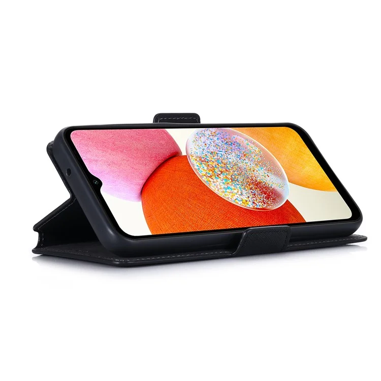 MUXMA MX115 for Samsung Galaxy A14 4G / 5G PU Leather Cross Texture Case Phone Stand Wallet Cover - Black