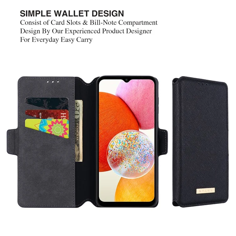 MUXMA MX115 for Samsung Galaxy A14 4G / 5G PU Leather Cross Texture Case Phone Stand Wallet Cover - Black
