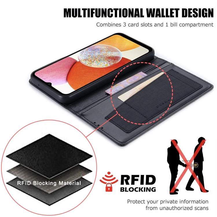 MUXMA MX109 Wallet Stand Case für Samsung Galaxy A14 4G / 5G, RFID blockierende PU-Lederhülle - Schwarz