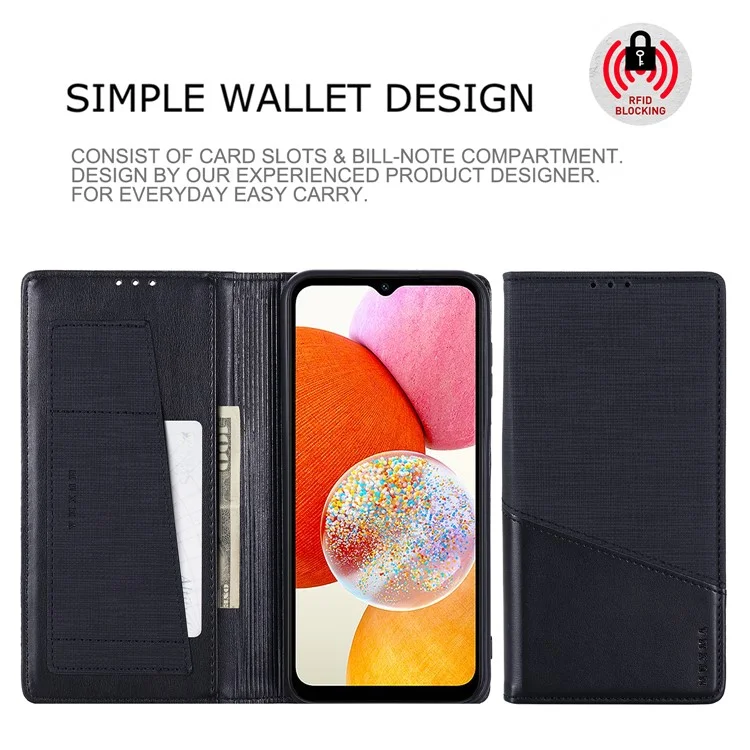 MUXMA MX109 Wallet Stand Case für Samsung Galaxy A14 4G / 5G, RFID blockierende PU-Lederhülle - Schwarz