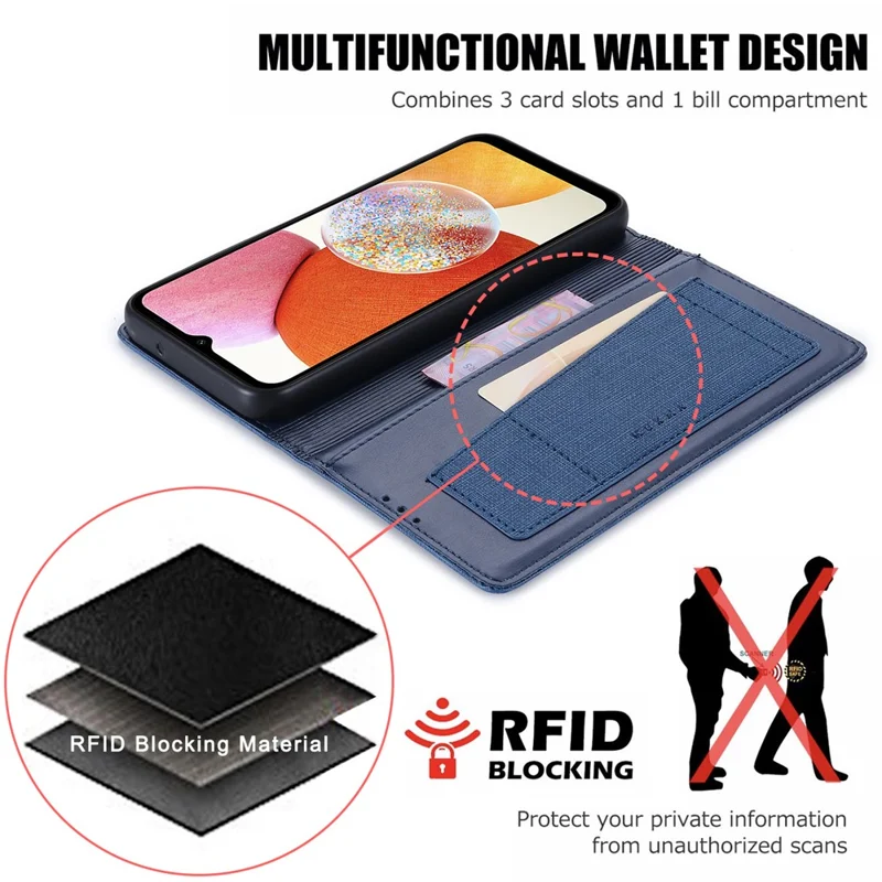 MUXMA MX109 Wallet Stand Case for Samsung Galaxy A14 4G / 5G , RFID Blocking PU Leather Phone Cover - Blue