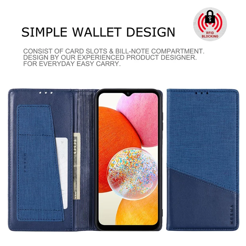 MUXMA MX109 Wallet Stand Case for Samsung Galaxy A14 4G / 5G , RFID Blocking PU Leather Phone Cover - Blue