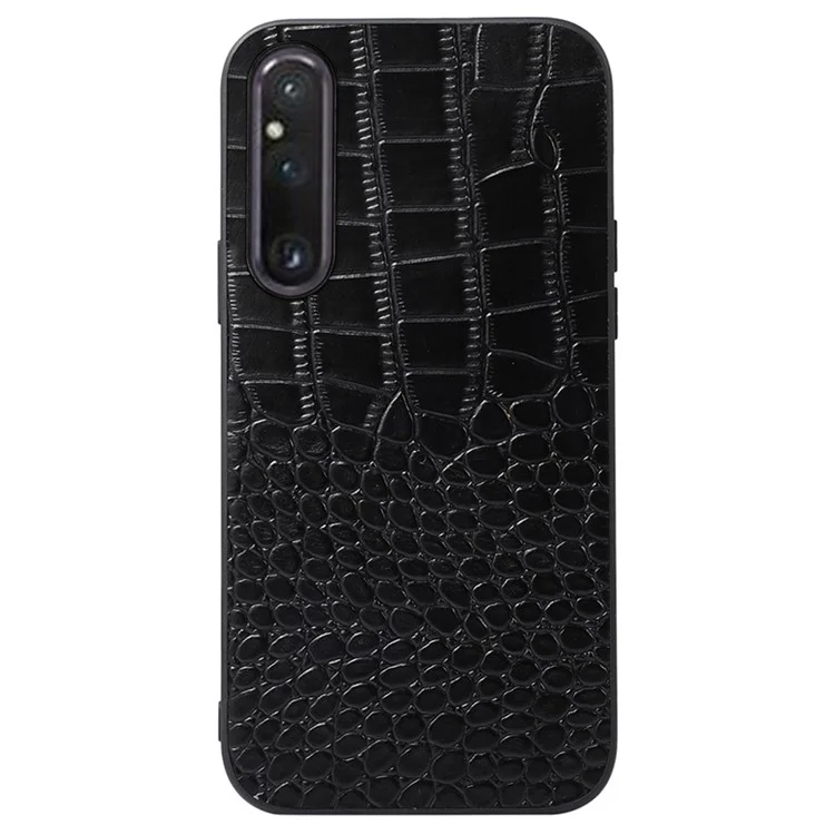 For Sony Xperia 1 V Genuine Cowhide Leather Coated PC+TPU Crocodile Texture Phone Case - Black