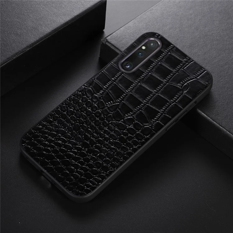 For Sony Xperia 1 V Genuine Cowhide Leather Coated PC+TPU Crocodile Texture Phone Case - Black