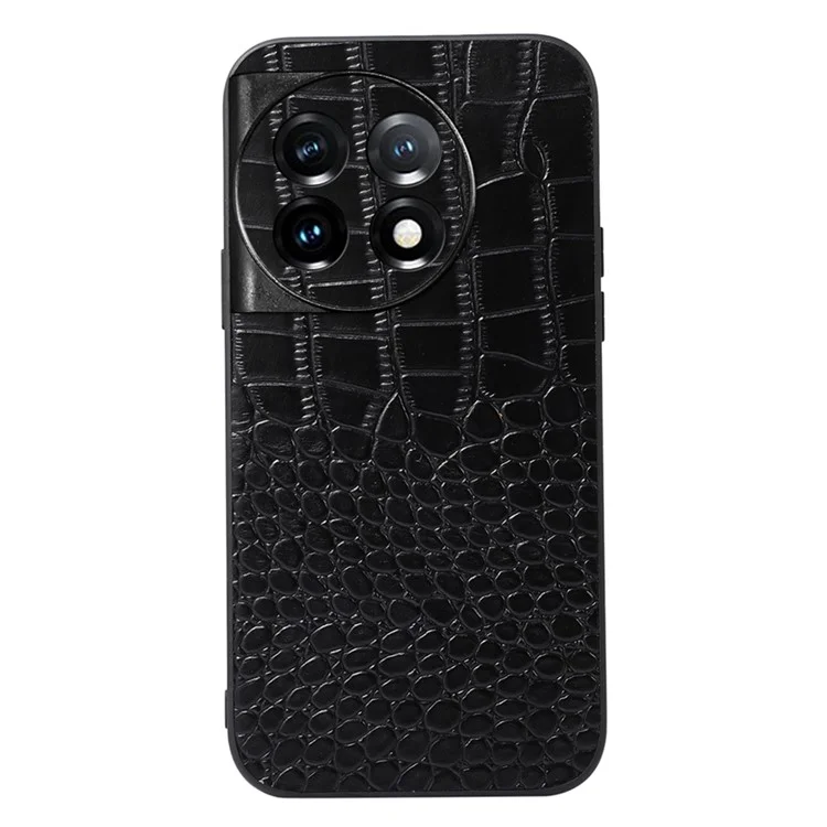 For OnePlus 11 5G Crocodile Texture Phone Case Genuine Cowhide Leather Coated PC+TPU Anti-Scratch Shell - Black