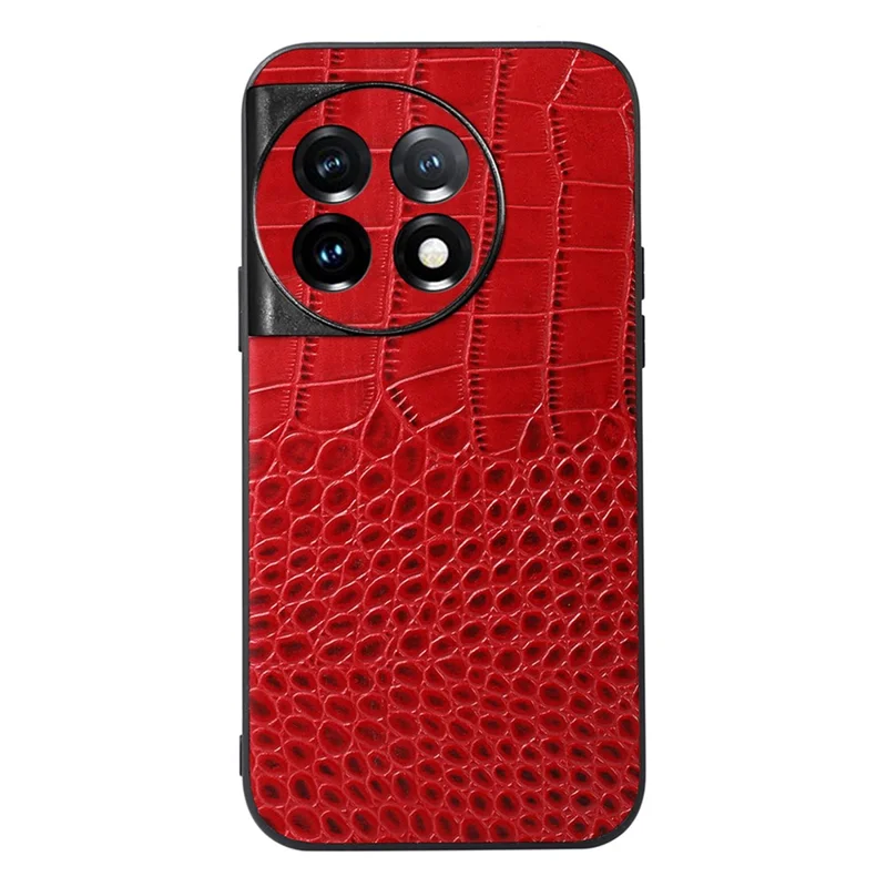 For OnePlus 11 5G Crocodile Texture Phone Case Genuine Cowhide Leather Coated PC+TPU Anti-Scratch Shell - Red
