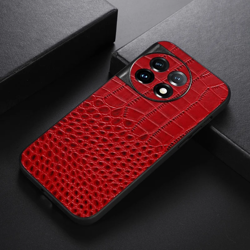 For OnePlus 11 5G Crocodile Texture Phone Case Genuine Cowhide Leather Coated PC+TPU Anti-Scratch Shell - Red