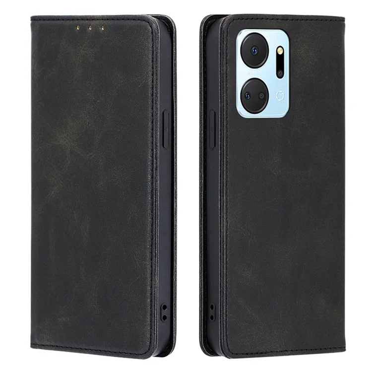 For Honor X7a 5G Calf Texture Phone Case Magnetic Auto-absorbed Wallet Leather Stand Cover - Negro