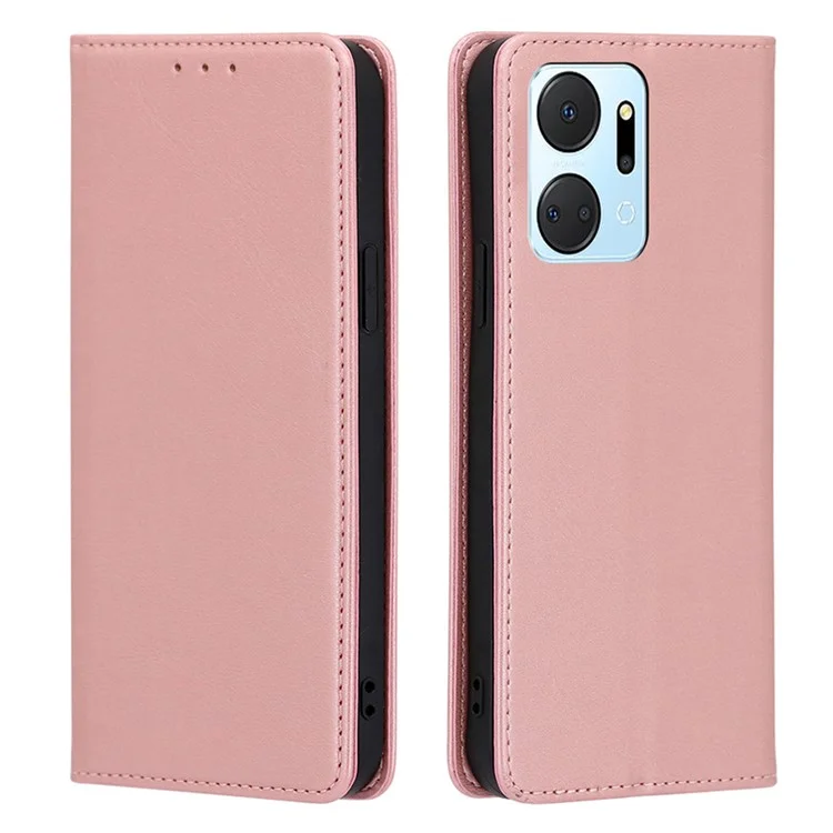 For Honor X7a 5G Calf Texture Phone Case Magnetic Auto-absorbed Wallet Leather Stand Cover - Rose Gold