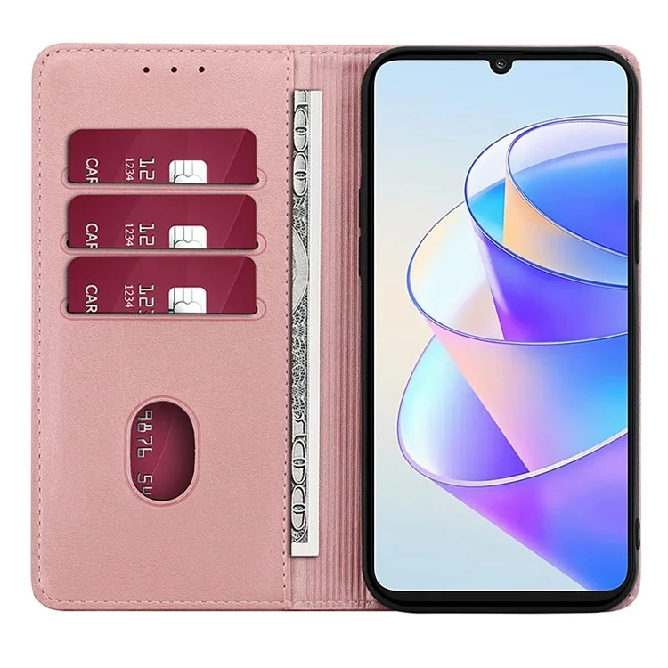 For Honor X7a 5G Calf Texture Phone Case Magnetic Auto-absorbed Wallet Leather Stand Cover - Rose Gold