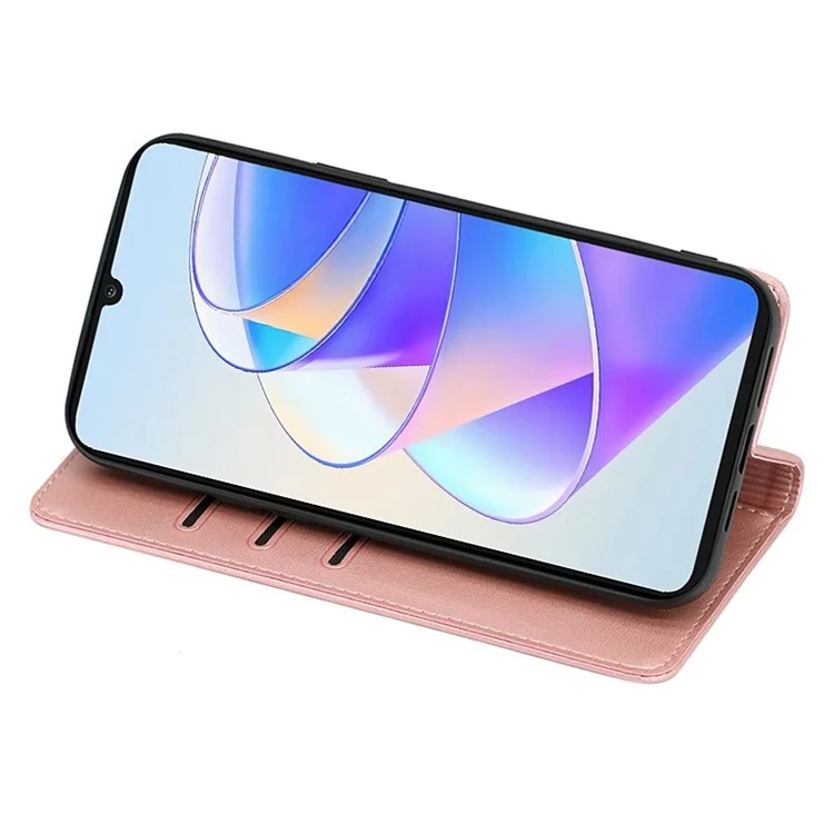 For Honor X7a 5G Calf Texture Phone Case Magnetic Auto-absorbed Wallet Leather Stand Cover - Rose Gold