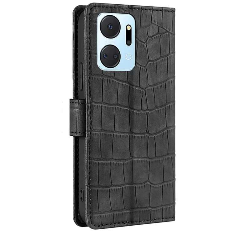 Чехол для телефона с 5G-подключением For Honor X7a, с тактильным ощущением кожи, с текстурой под крокодила, из искусственной кожи, с подставкой, противоударный - черный