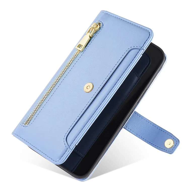 For Honor X7a 5G Zipper Pocket Phone Stand Case Card Slots Leather Wallet Cover mit 2 Riemen - Blau