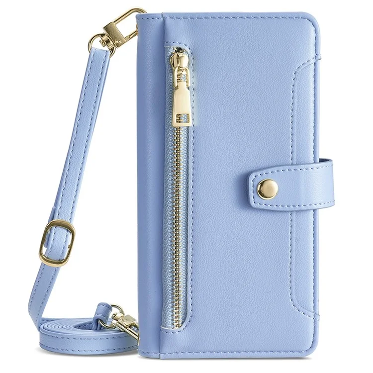 For Honor X7a 5G Zipper Pocket Phone Stand Case Card Slots Leather Wallet Cover mit 2 Riemen - Blau