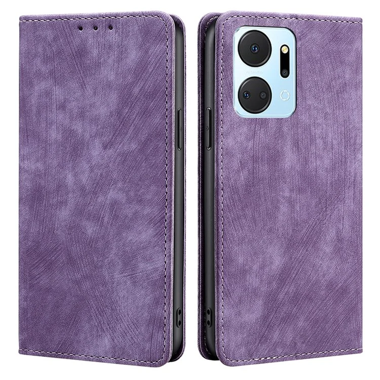 For Honor X7a 5G RFID Blocking Protective Cover Magnetic Leather Wallet Phone Stand Case - Purple