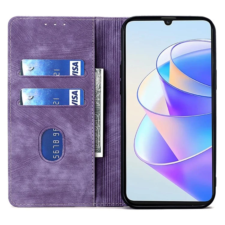 For Honor X7a 5G RFID Blocking Protective Cover Magnetic Leather Wallet Phone Stand Case - Purple
