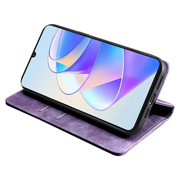 For Honor X7a 5G RFID Blocking Protective Cover Magnetic Leather Wallet Phone Stand Case - Purple